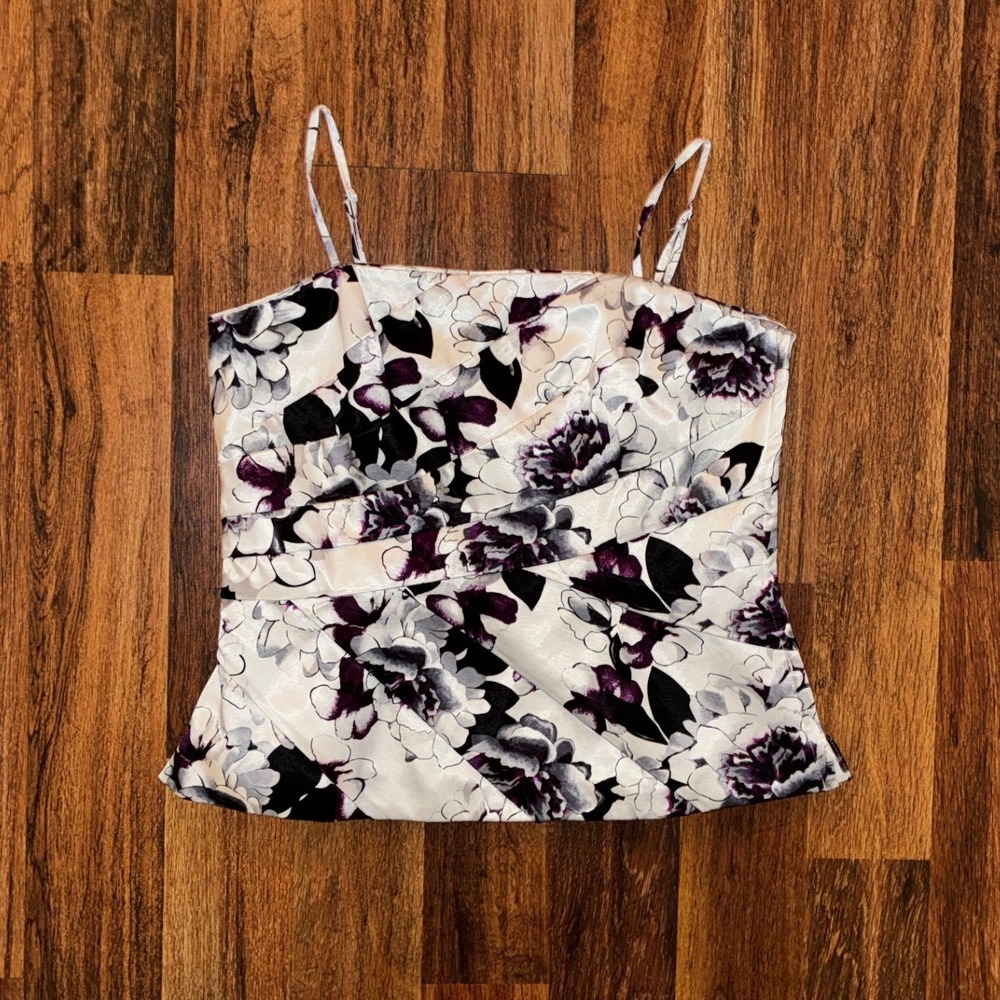 White House Black Market Floral Satin Cami Top Purple Grey Size 10 Side Zip